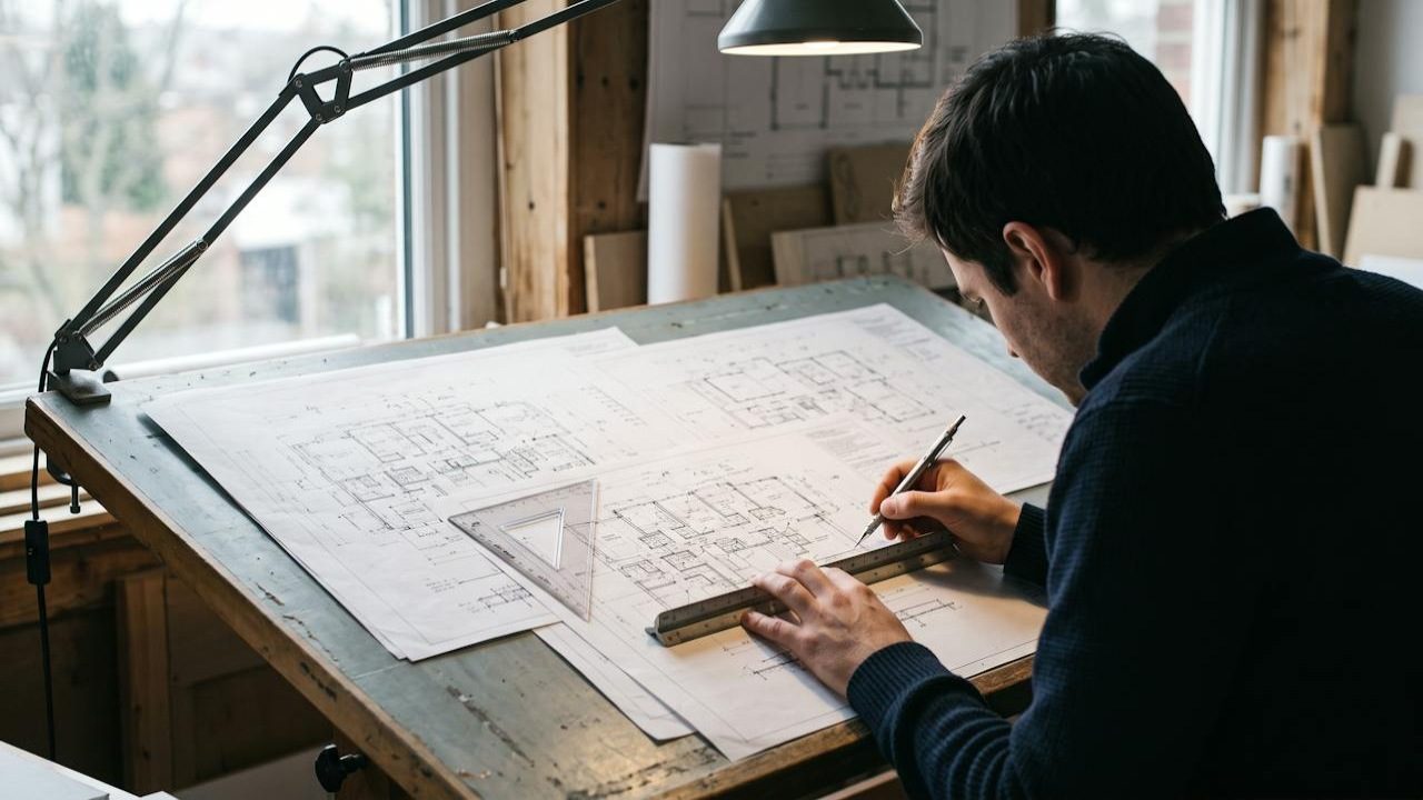 A person leaning over a drafting board, measuring a set of architectural plans with a scale rule and set square.