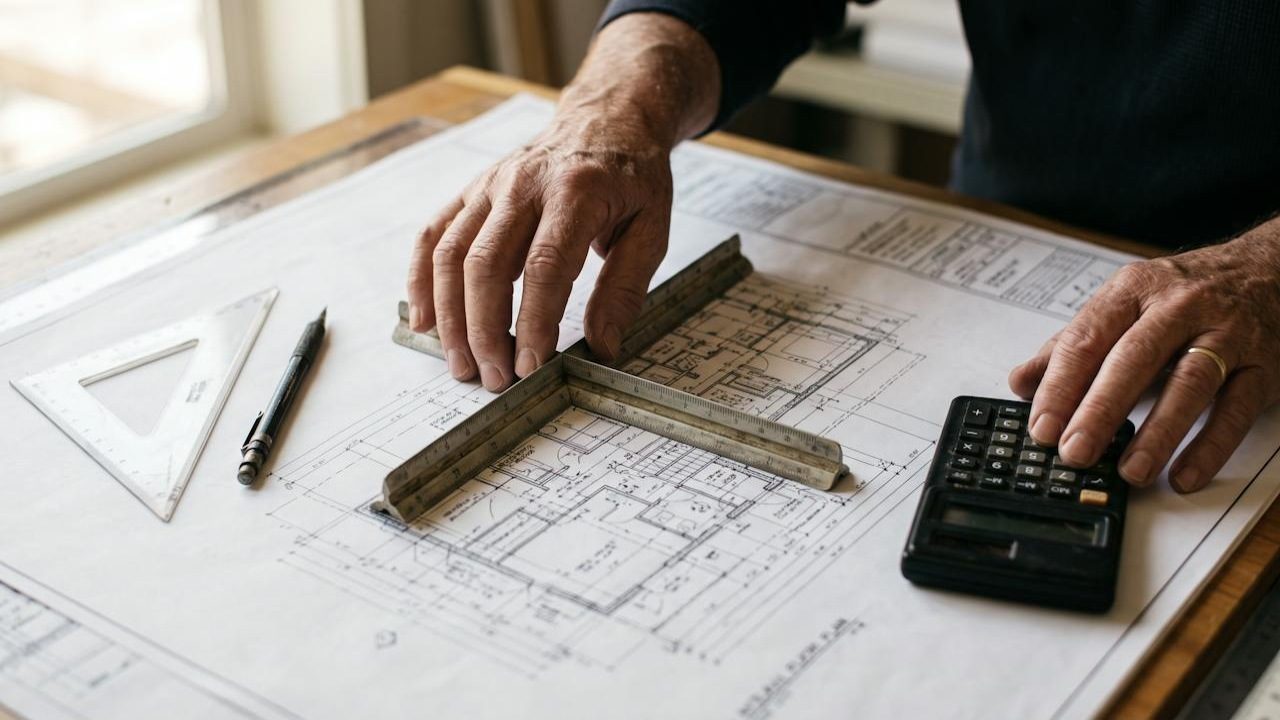 Hands holding a scale rule against an architectural floor plan, with a calculator and a set square alongside.
